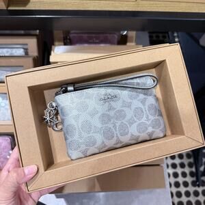 Coach Boxed Corner Zip Wristlet In Signature Canvas With Charms CCK93 Gray/Silve